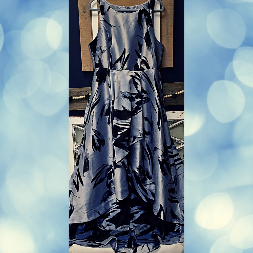 Adrianna Papell High/Low Blue Floral Jacquard Dress - Size 16 EUC